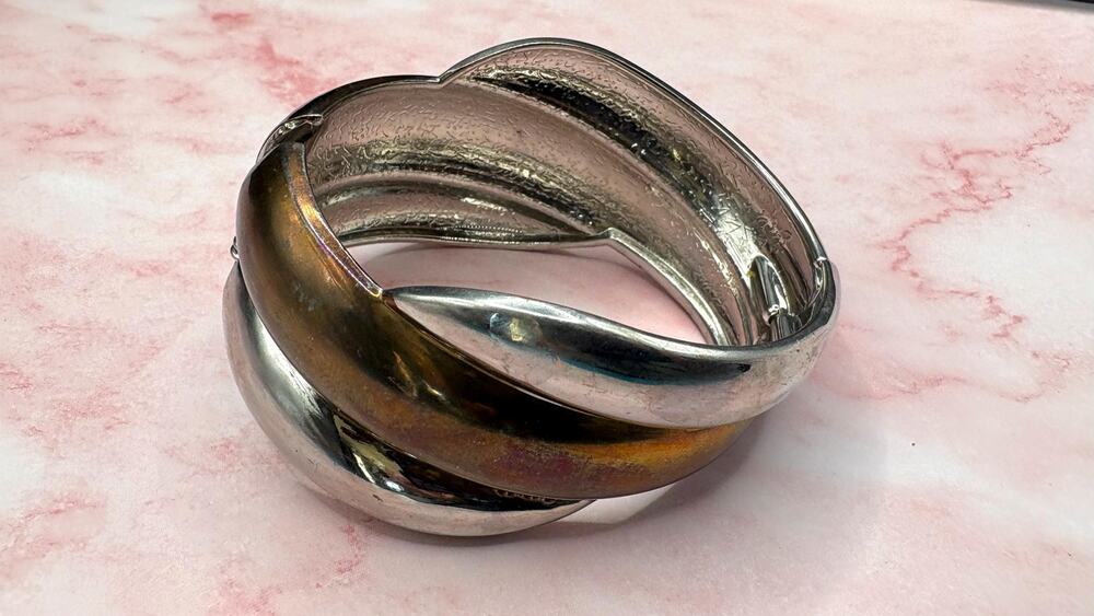 Vintage 80s Crossover Clamper Bracelet Two Tone Silver Bronze Ribbed Bangle